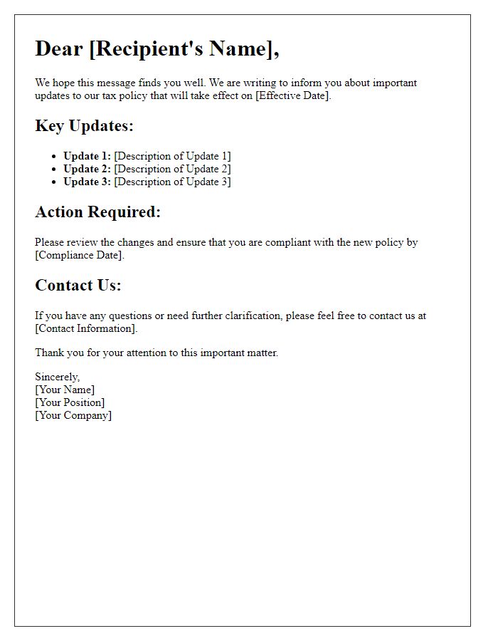 Letter template of tax policy update communication.