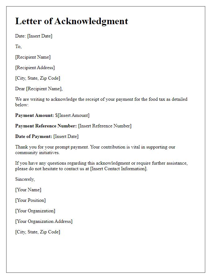 Letter template of acknowledgment for food tax payment receipts