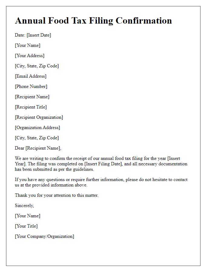 Letter template of annual food tax filing confirmation