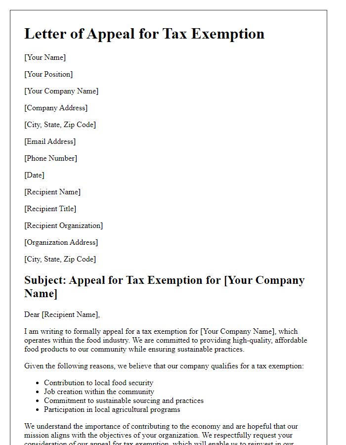 Letter template of appeal for food industry tax exemption