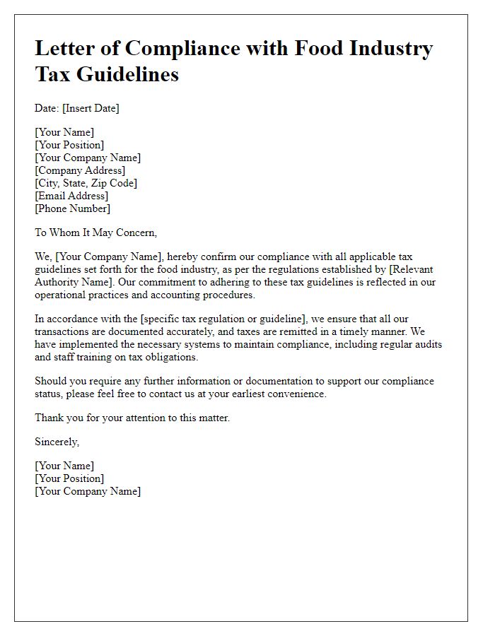 Letter template of compliance with food industry tax guidelines