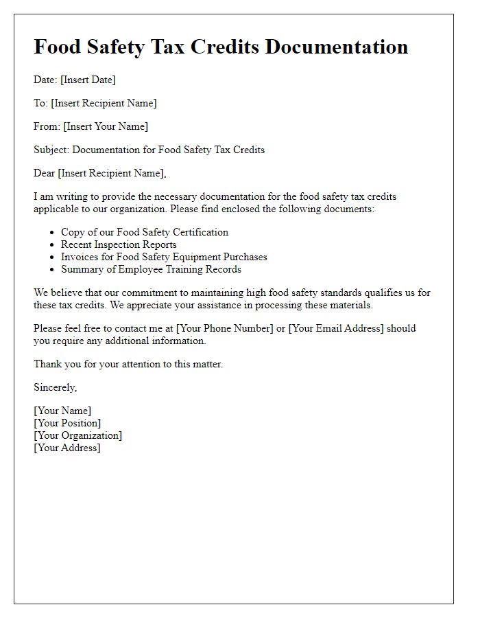 Letter template of documentation for food safety tax credits