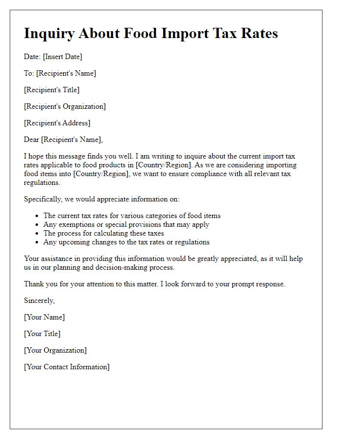 Letter template of inquiry about food import tax rates