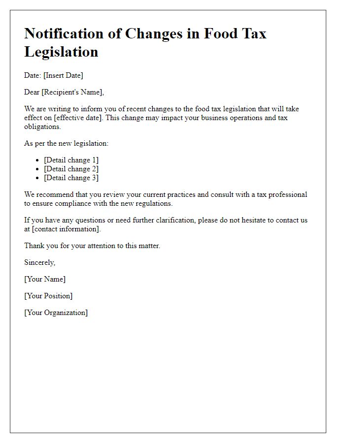 Letter template of notification regarding changes in food tax legislation