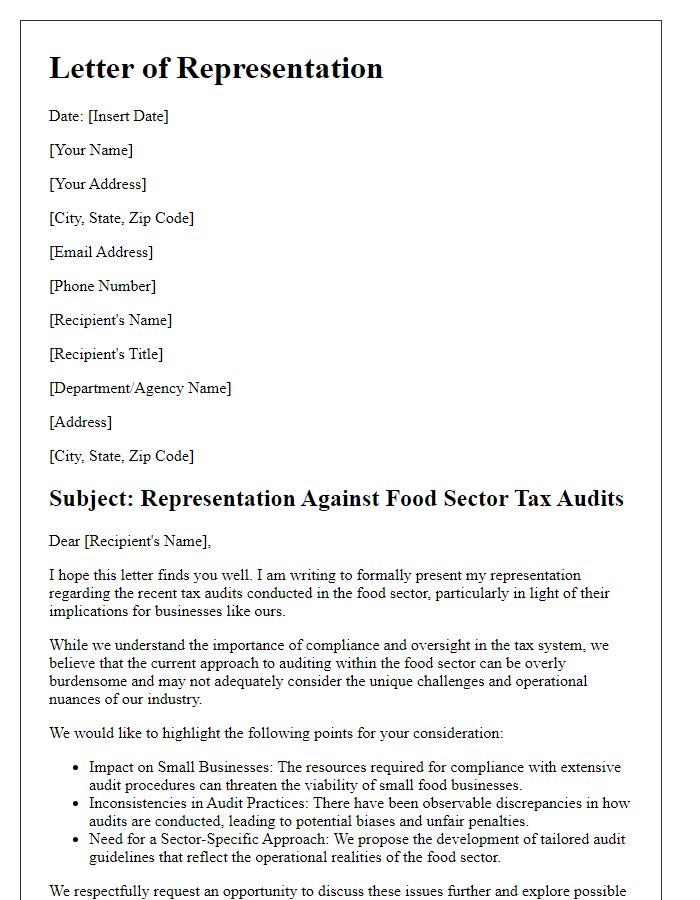 Letter template of representation against food sector tax audits