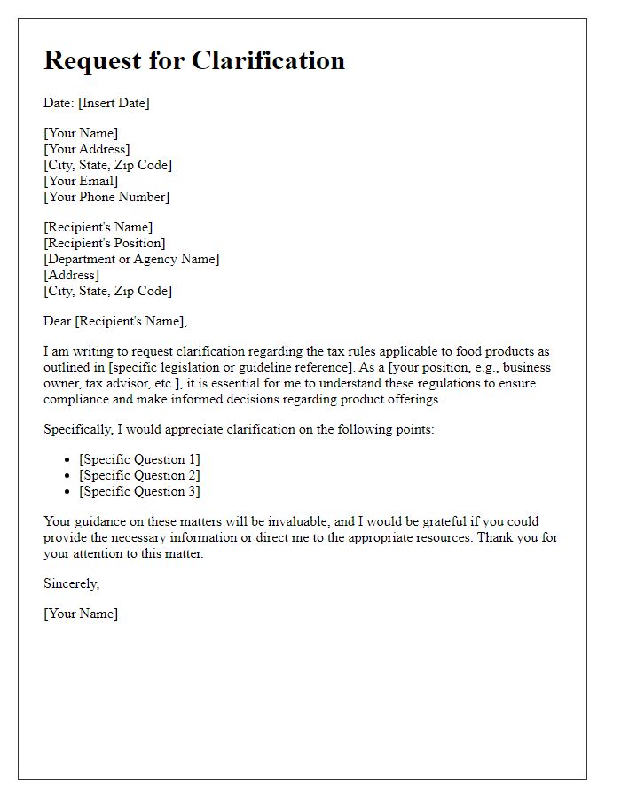 Letter template of request for clarification on food product tax rules