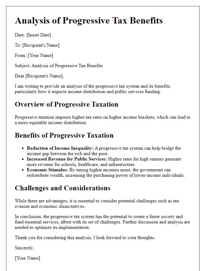 Letter template of analysis on progressive tax benefits