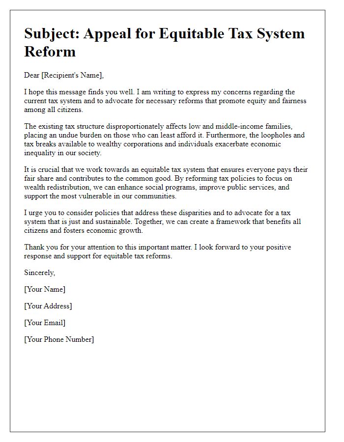 Letter template of appealing for equitable tax system reform