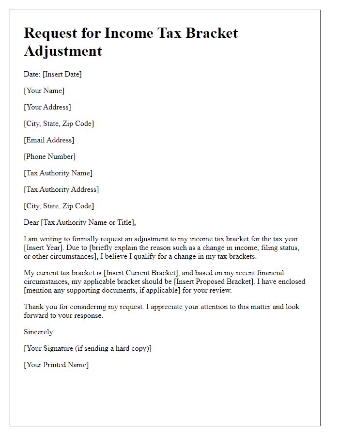 Letter template of income tax bracket adjustment request