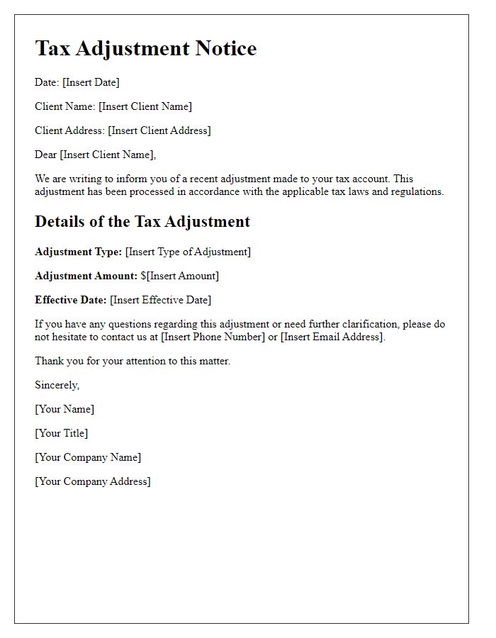 Letter template of Tax Adjustment Notice for Client Communication