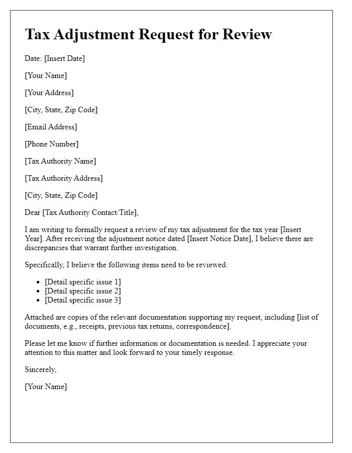 Letter template of Tax Adjustment Request for Review