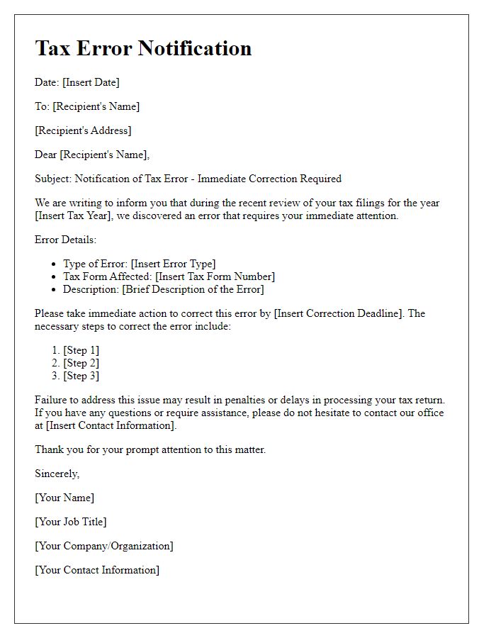 Letter template of Tax Error Notification for Immediate Correction