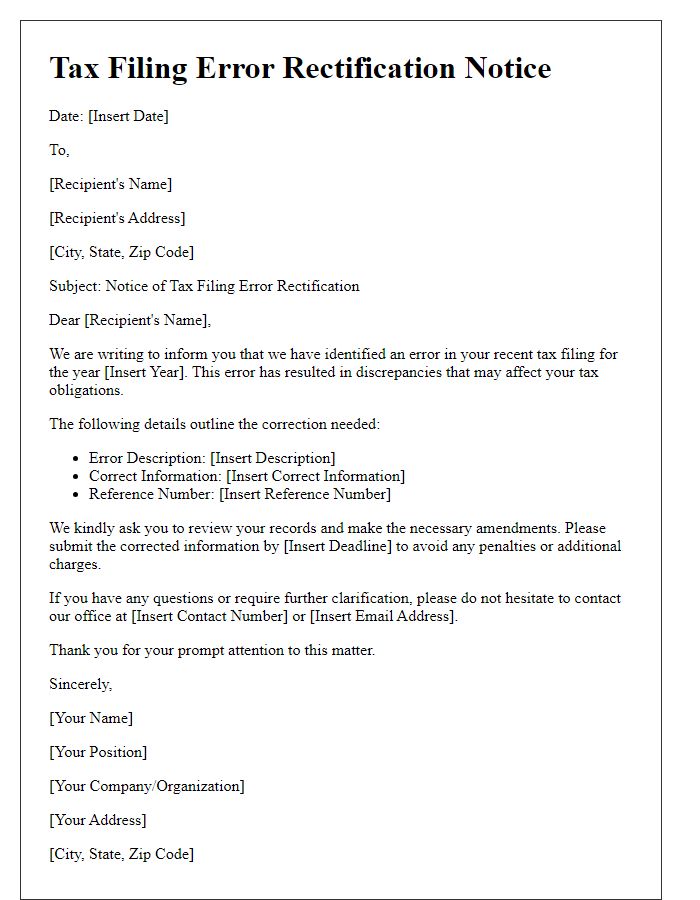 Letter template of Tax Filing Error Rectification Notice