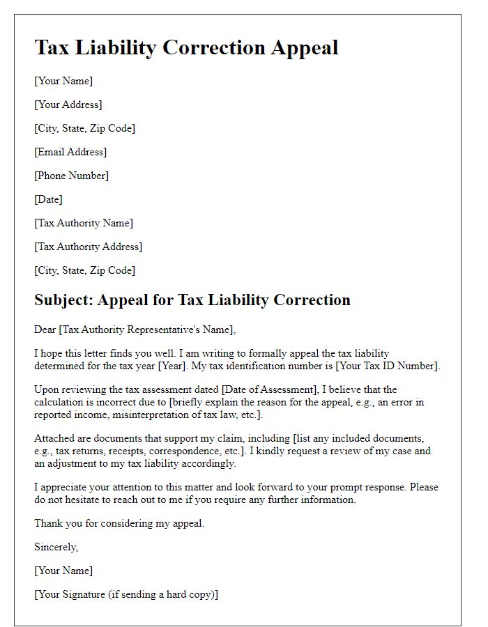 Letter template of Tax Liability Correction Appeal