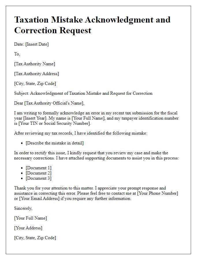 Letter template of Taxation Mistake Acknowledgment and Correction Request