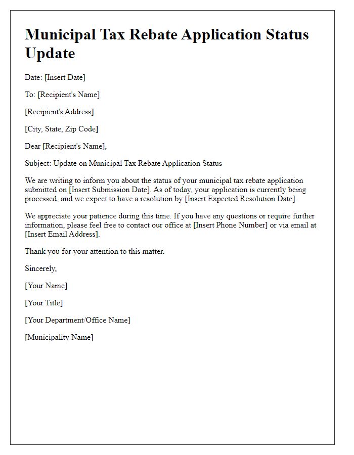 Letter template of municipal tax rebate application status update.