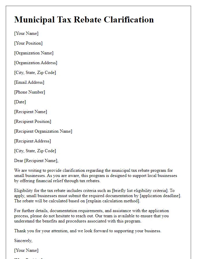 Letter template of municipal tax rebate clarification for small businesses.