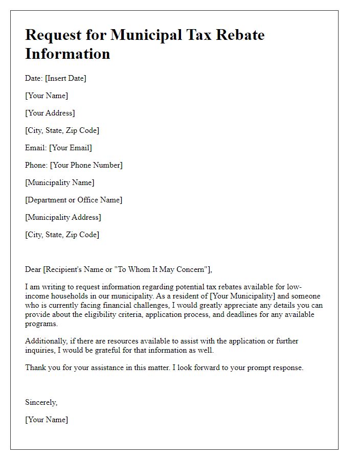 Letter template of municipal tax rebate information request for low-income households.