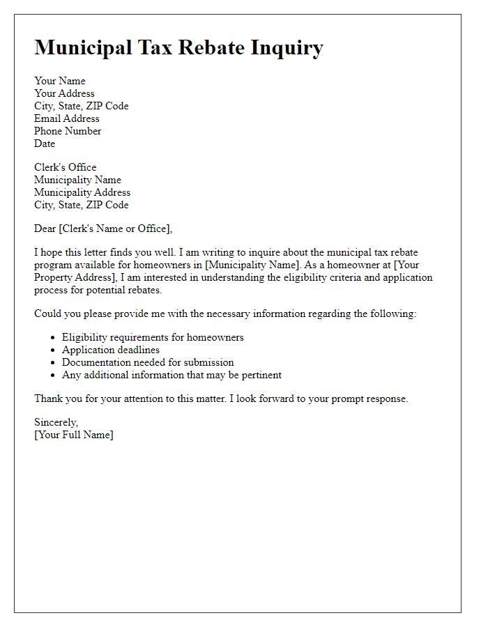 Letter template of municipal tax rebate inquiry for homeowners.