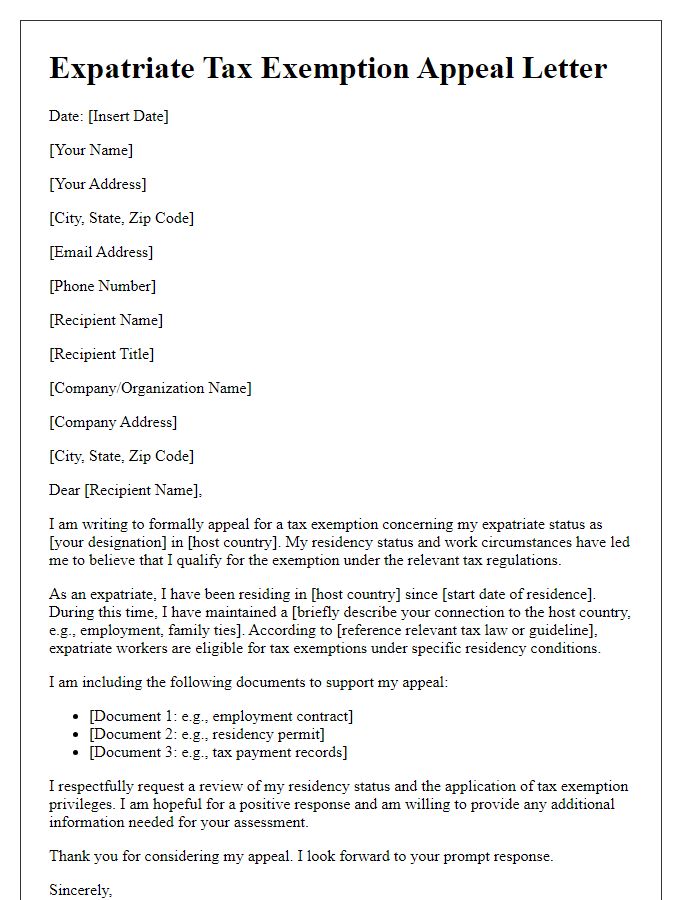 Letter template of expatriate tax exemption appeal for residency status.