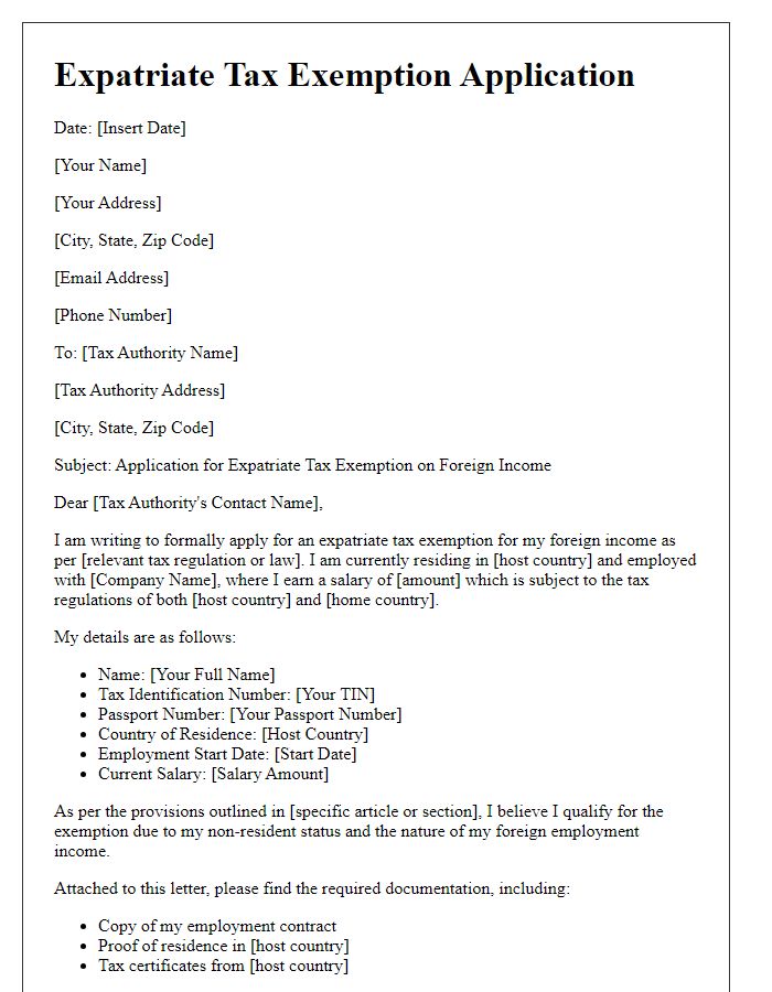 Letter template of expatriate tax exemption application for foreign income.