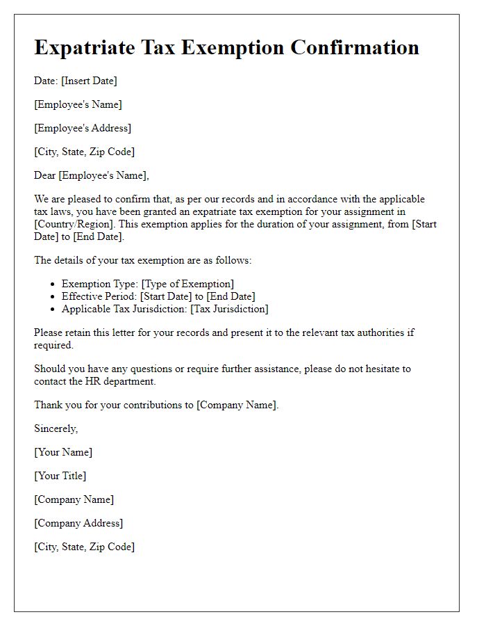 Letter template of expatriate tax exemption confirmation from employer.