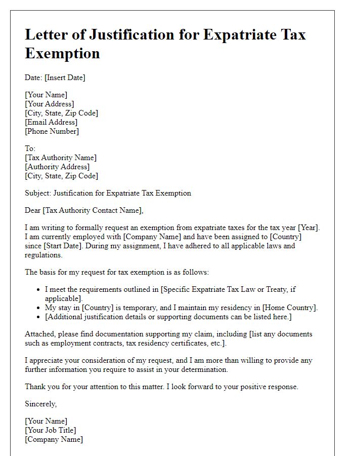 Letter template of expatriate tax exemption justification for tax authority.