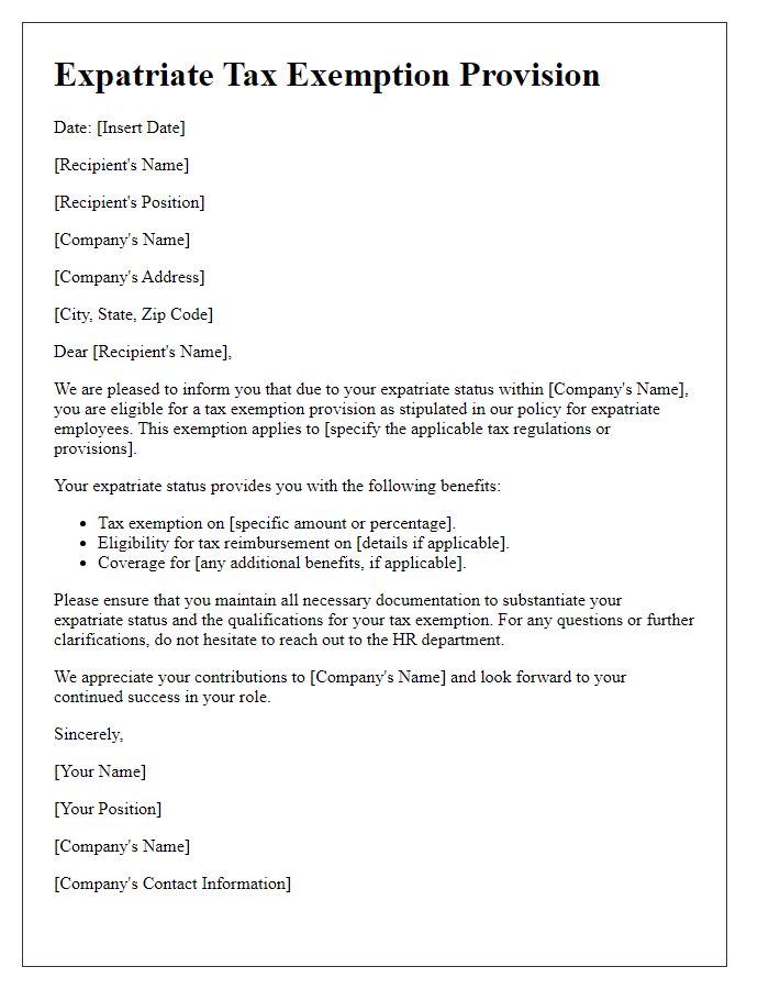 Letter template of expatriate tax exemption provision for financial institutions.