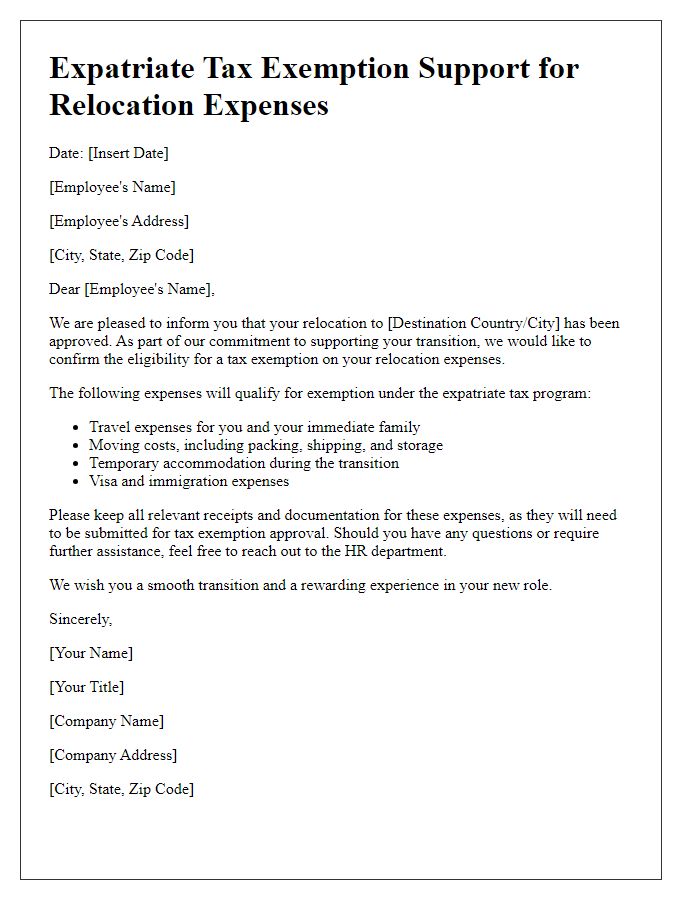 Letter template of expatriate tax exemption support for relocation expenses.