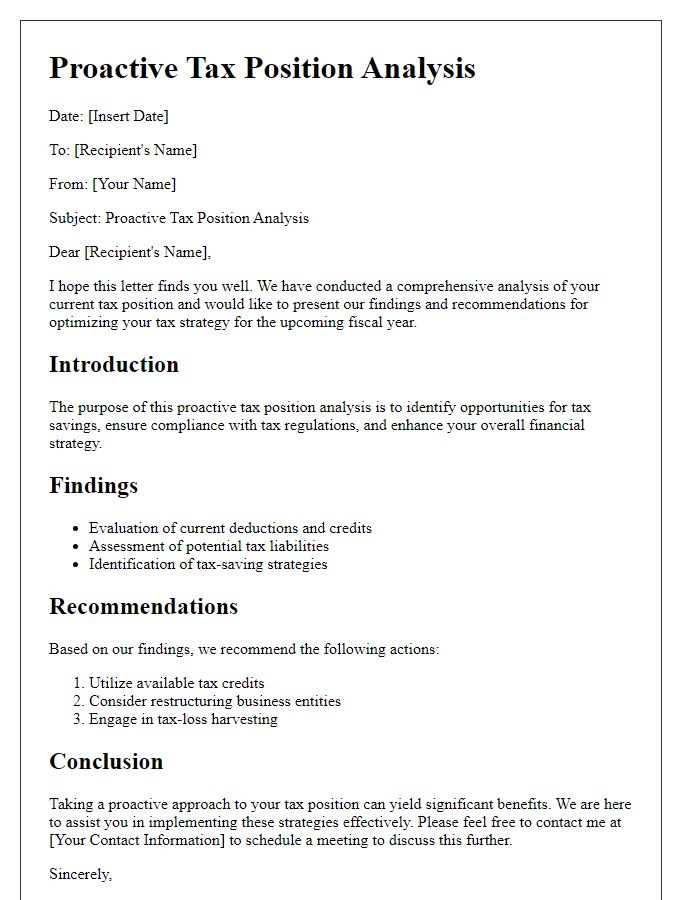 Letter template of proactive tax position analysis