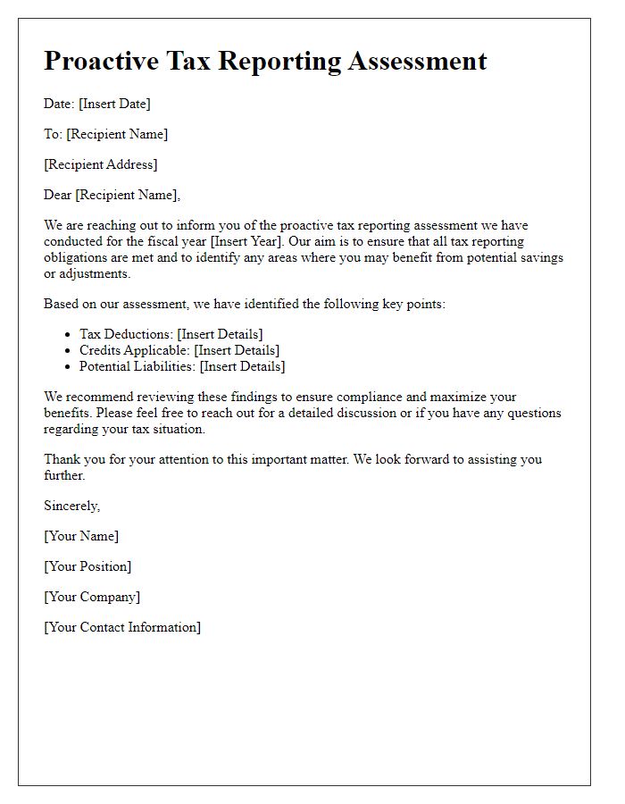 Letter template of proactive tax reporting assessment