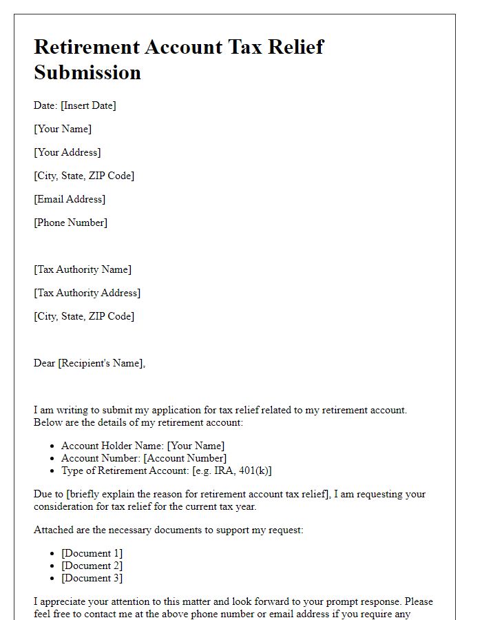 Letter template of retirement account tax relief submission.