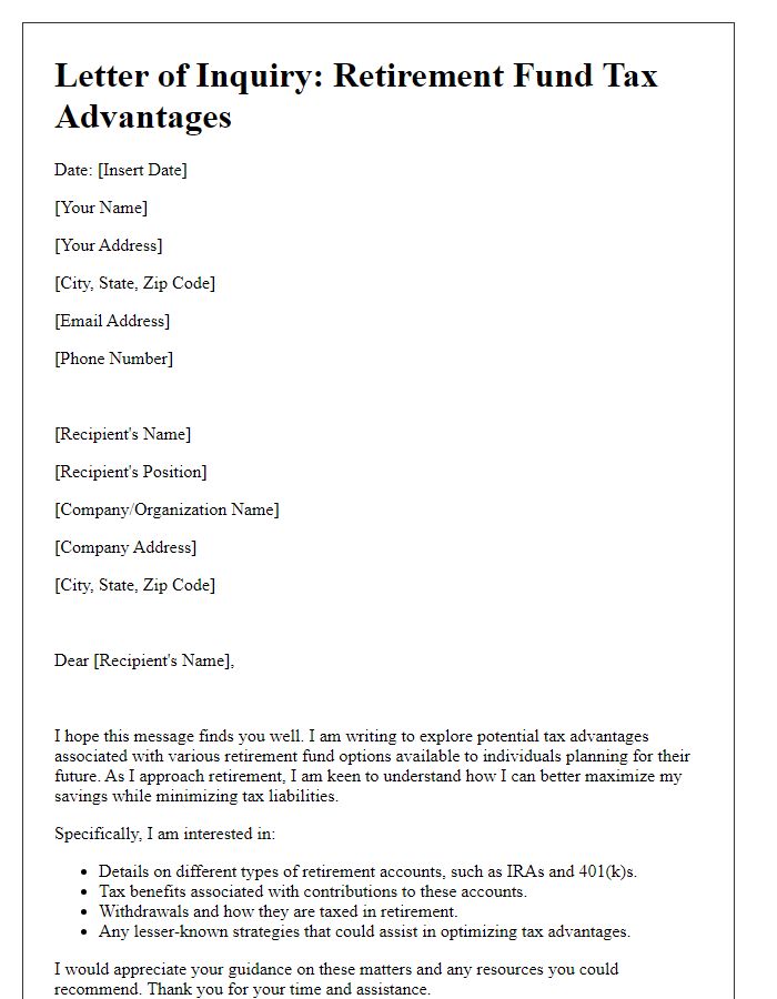 Letter template of retirement fund tax advantage exploration.