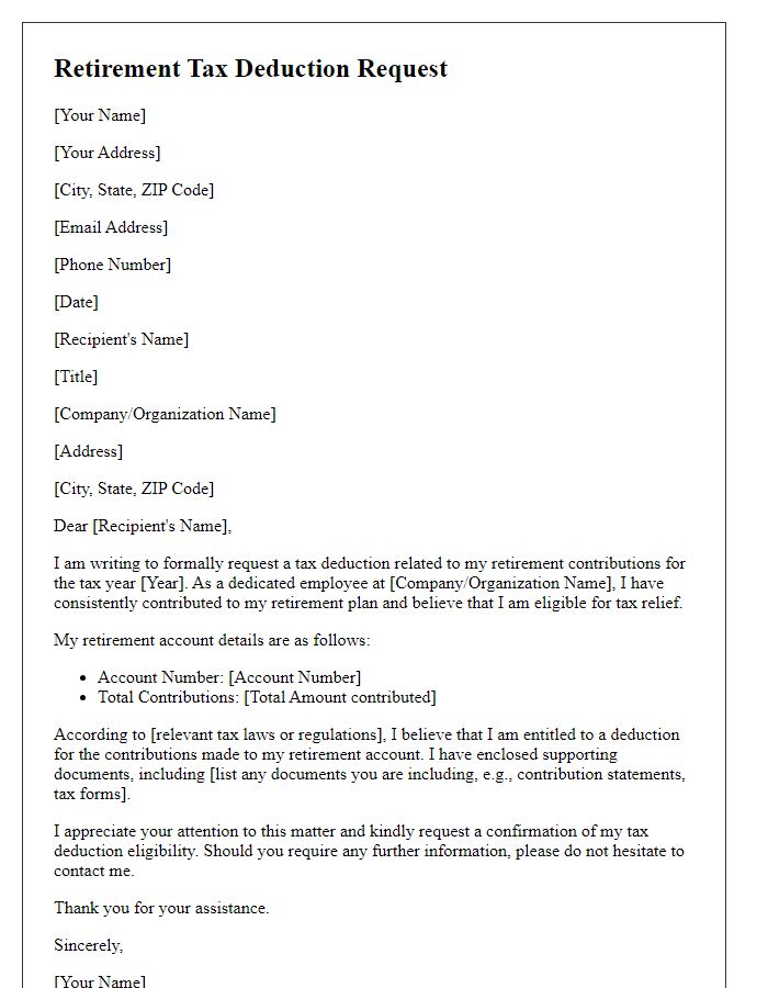 Letter template of retirement tax deduction request.