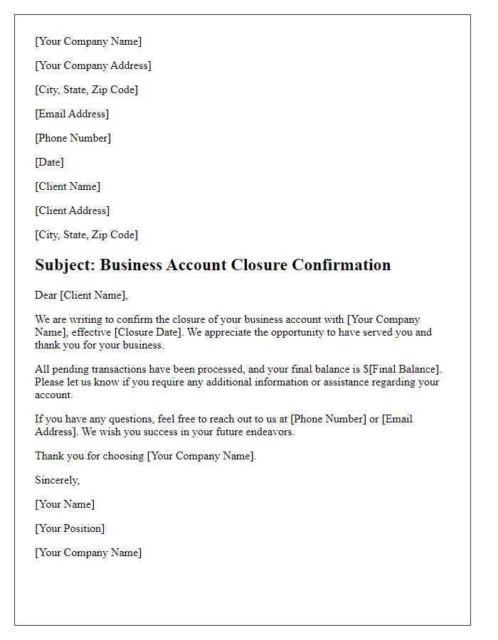 Letter template of business account closure confirmation