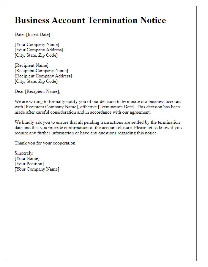 Letter template of business account termination notice