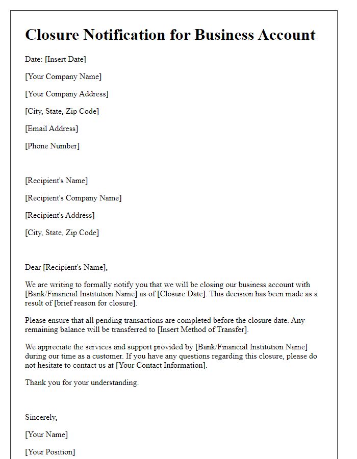 Letter template of closure notification for business account