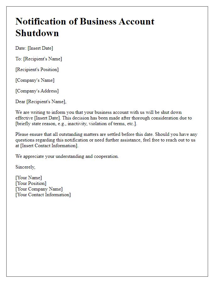 Letter template of notification for business account shutdown