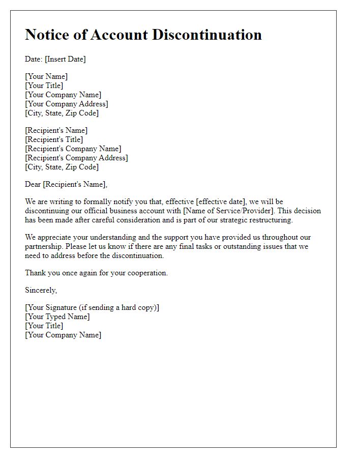 Letter template of official business account discontinuation