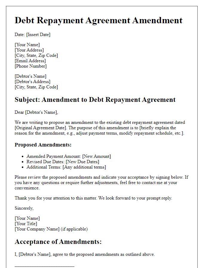 Letter template of debt repayment agreement amendment