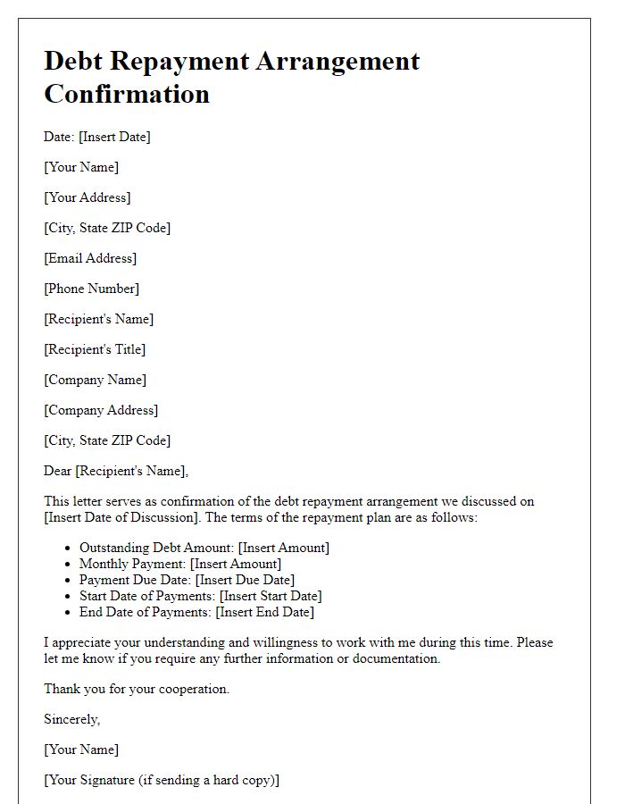 Letter template of debt repayment arrangement confirmation