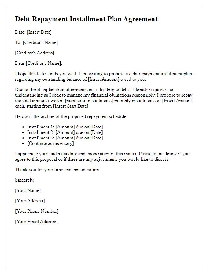 Letter template of debt repayment installment plan