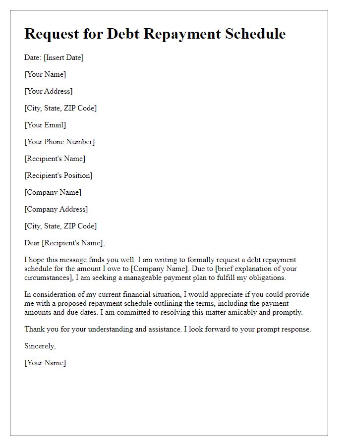 Letter template of debt repayment schedule request