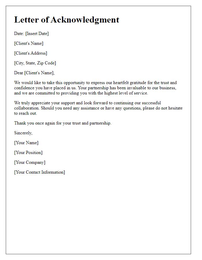 Letter template of acknowledgment for client trust and partnership.