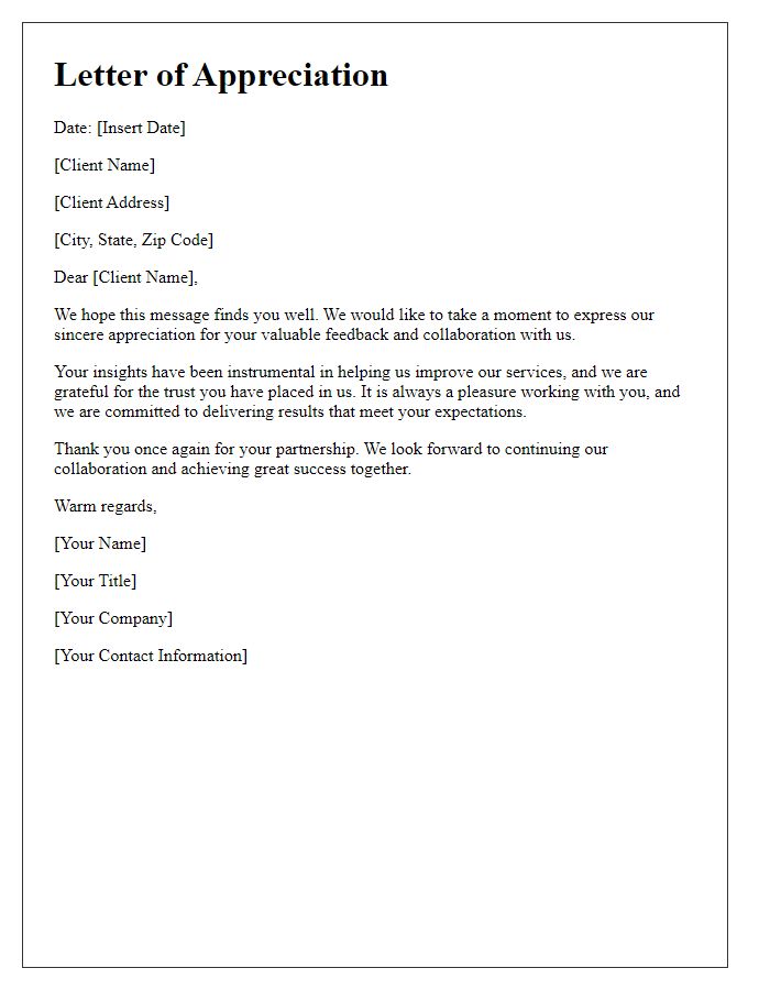 Letter template of appreciation for client feedback and collaboration.