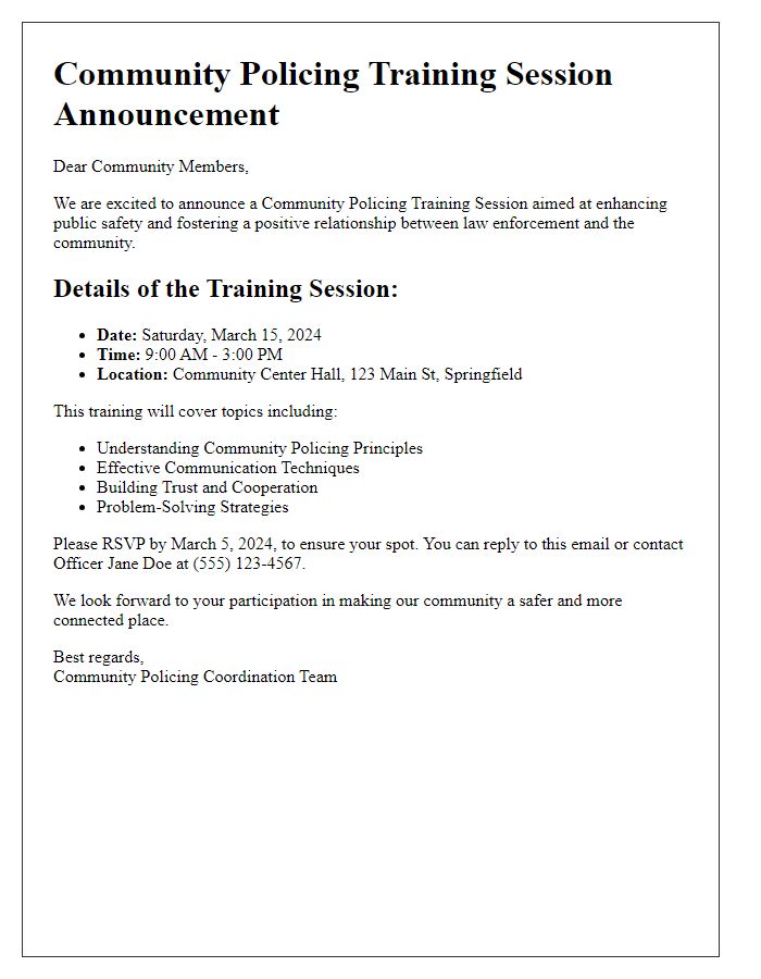 Letter template of community policing training session announcement