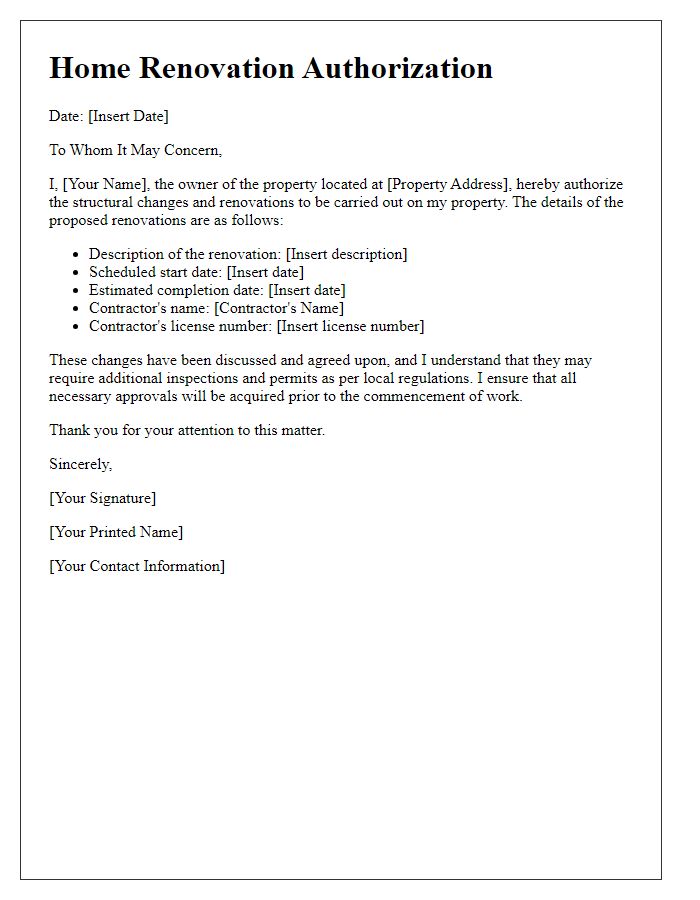 Letter template of home renovation authorization for structural changes