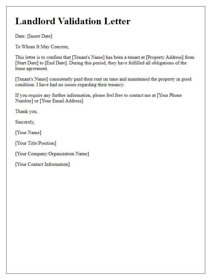 Letter template of landlord validation for rental application