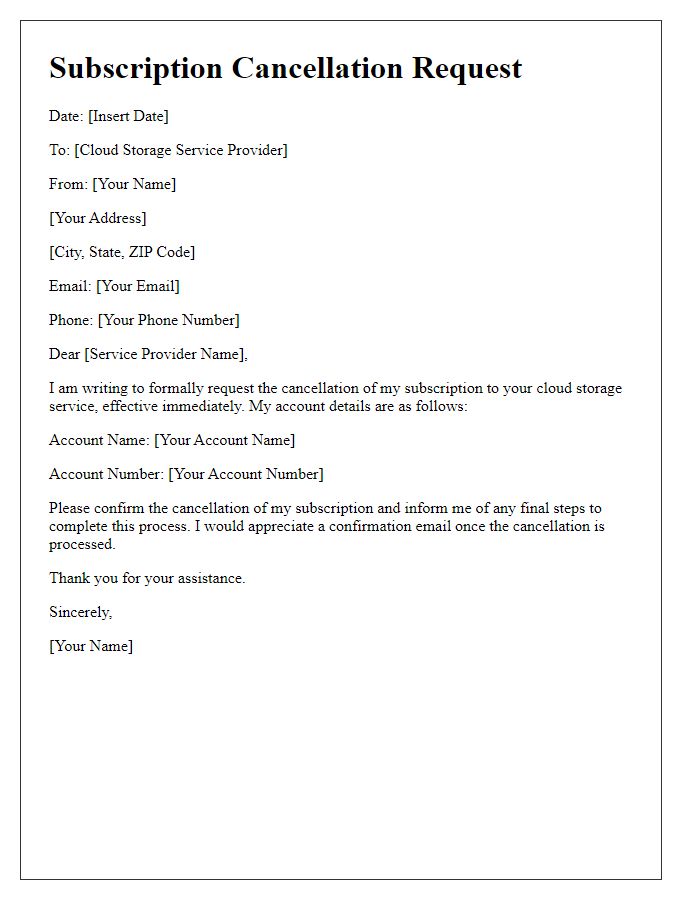 Letter template of subscription cancellation request for a cloud storage service.