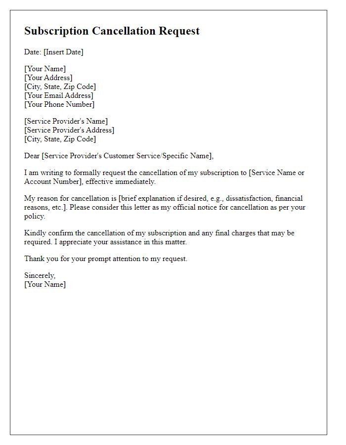 Letter template of subscription cancellation request for a digital service provider.